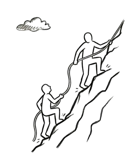 Zwei Figuren am Kletterseil im Aufstieg — wir gründen mit dir